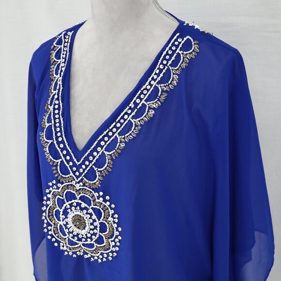 Chicos Top Womens Small Medium Blue Beaded Blouse Chiffon Lined Batwing Sleeves - Picture 8 of 13